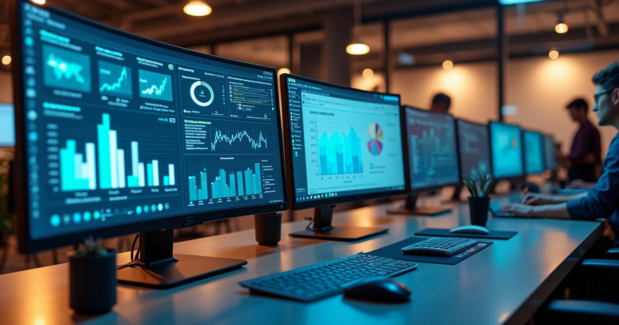 Tecnologia moderna de agência digital com dashboards em telas e ferramentas online 