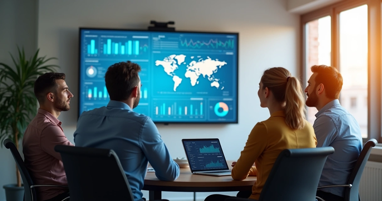 Equipe reunida analisando uma apresentação com gráficos digitais 