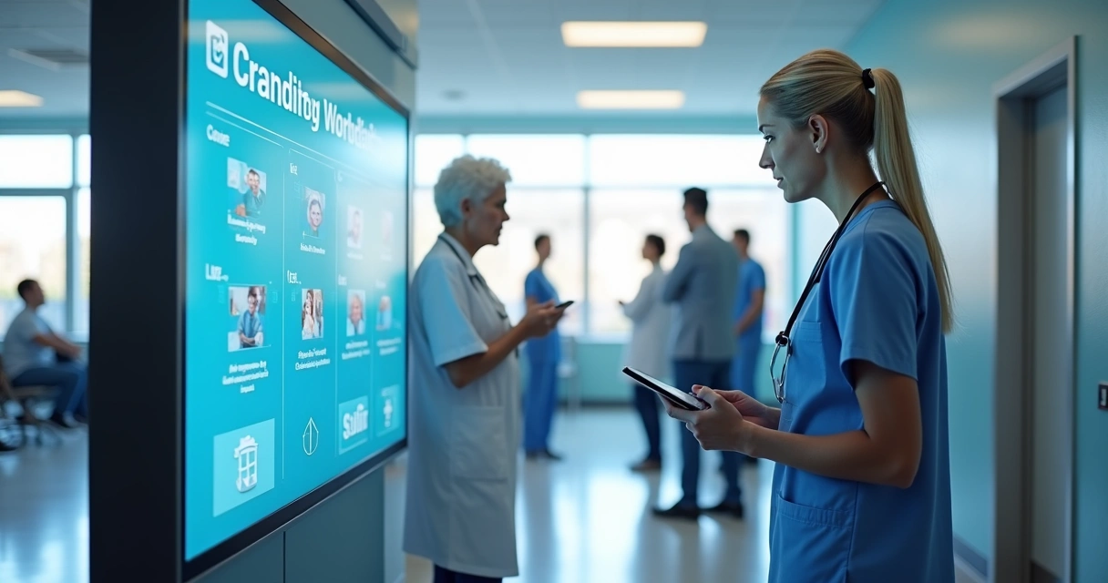 Totem digital de autoatendimento instalado em unidade de saúde do SUS, com profissionais e pacientes interagindo ao redor. 