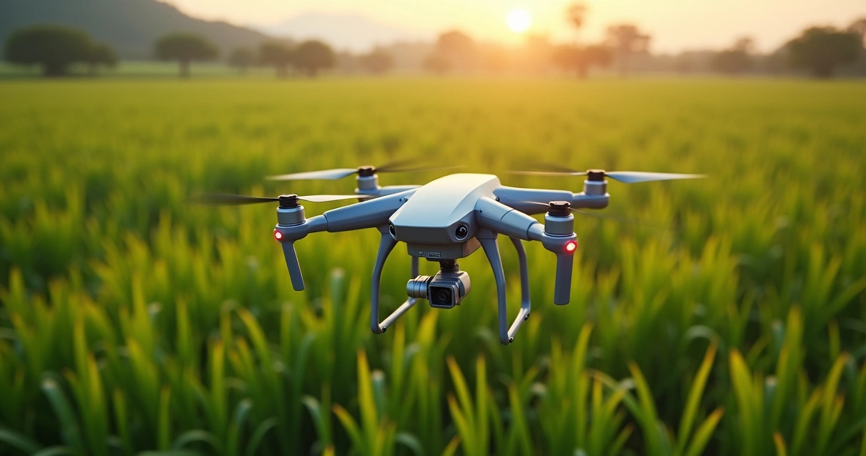 Drones sobrevoando uma plantação verde no Brasil, monitorando colheita