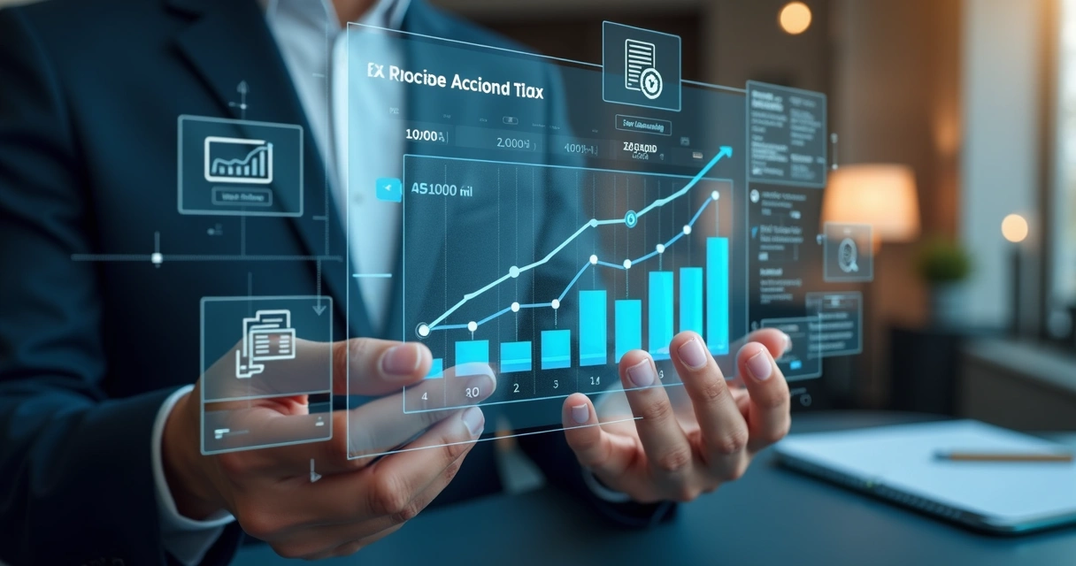 Mãos interagindo com tela digital com gráficos tributários e ícones de cálculo e impostos 