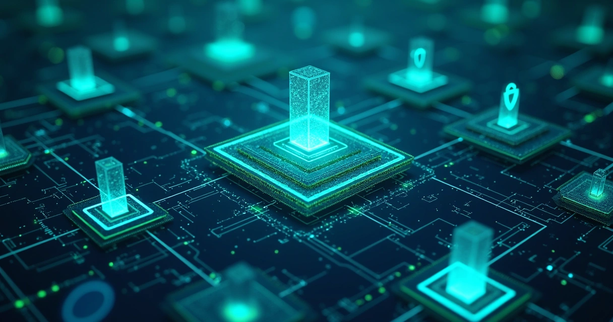 Códigos de sistemas aplicacionais com destaques em diferentes módulos de segurança, em fundo escuro 