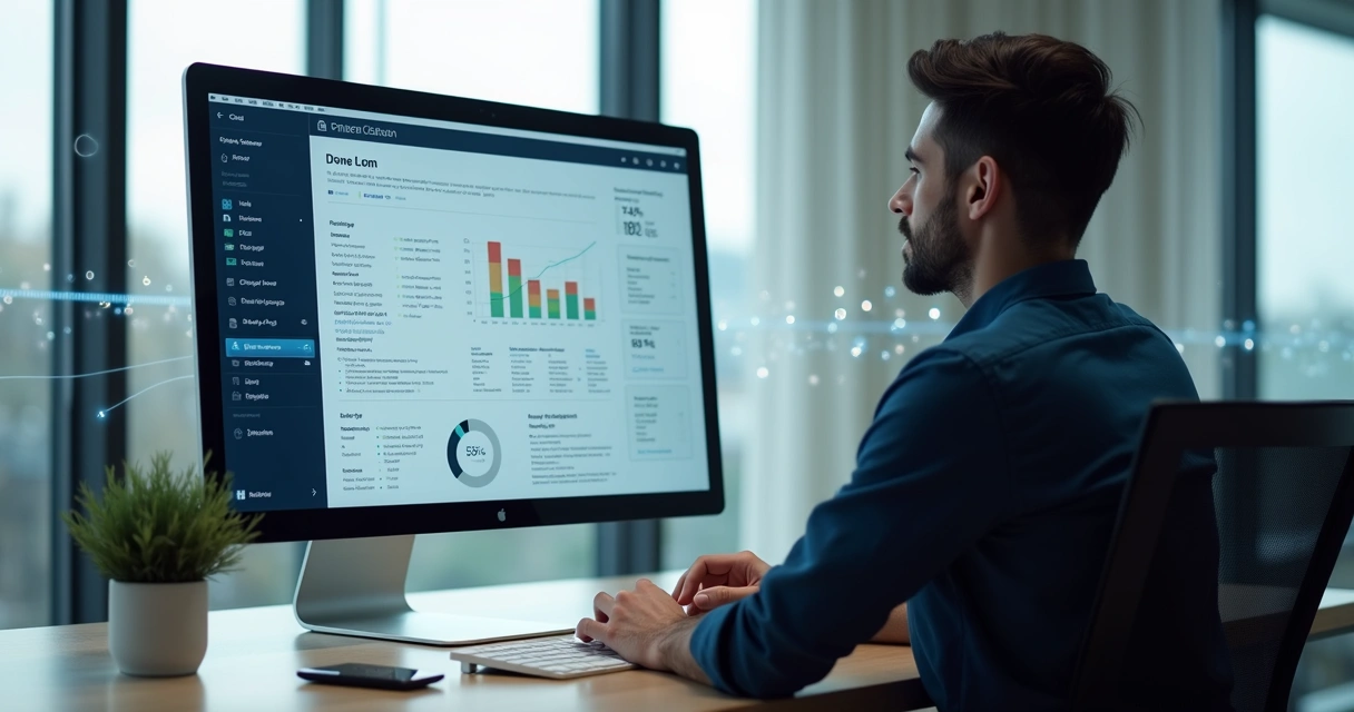 Pessoa analisando currículo digital em tela de computador com gráficos e sistema ATS visível