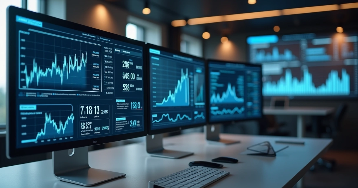 Computador com tela exibindo gráficos financeiros complexos e análise de dados em ambiente corporativo moderno 