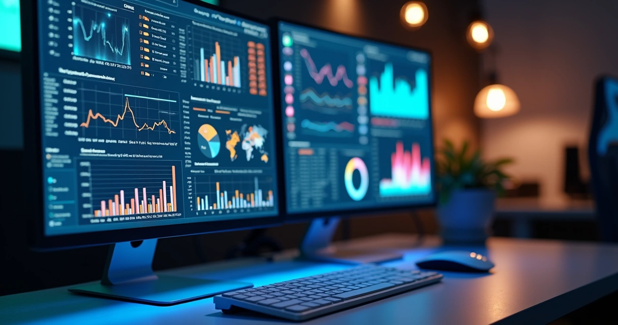 Plataforma tecnológica com gráficos e tabelas mostrando análise de dados fiscais e ICMS 