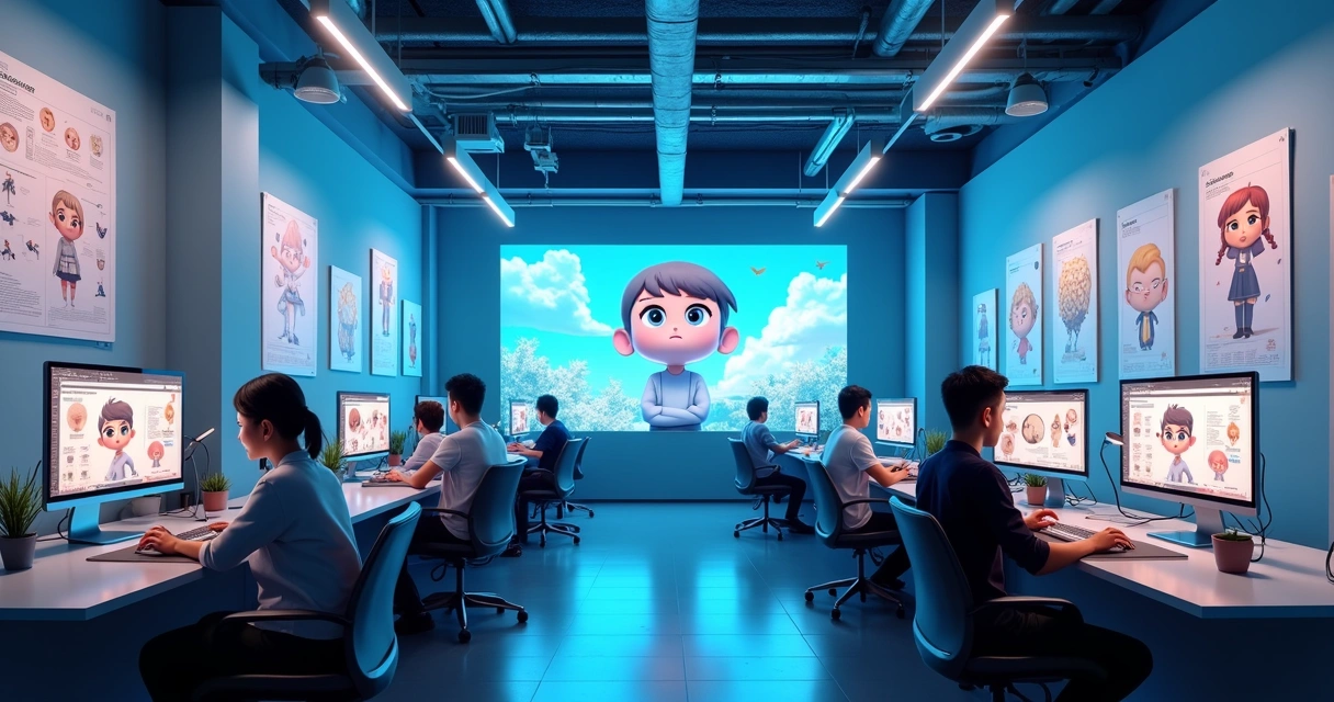 Ambiente de produção digital de donghua, com telas e tablets 