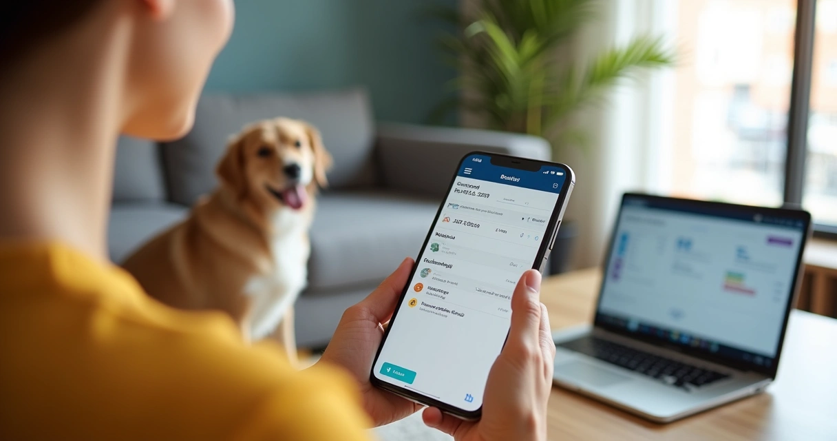 Dono de pet agendando reserva pelo celular junto ao cachorro 