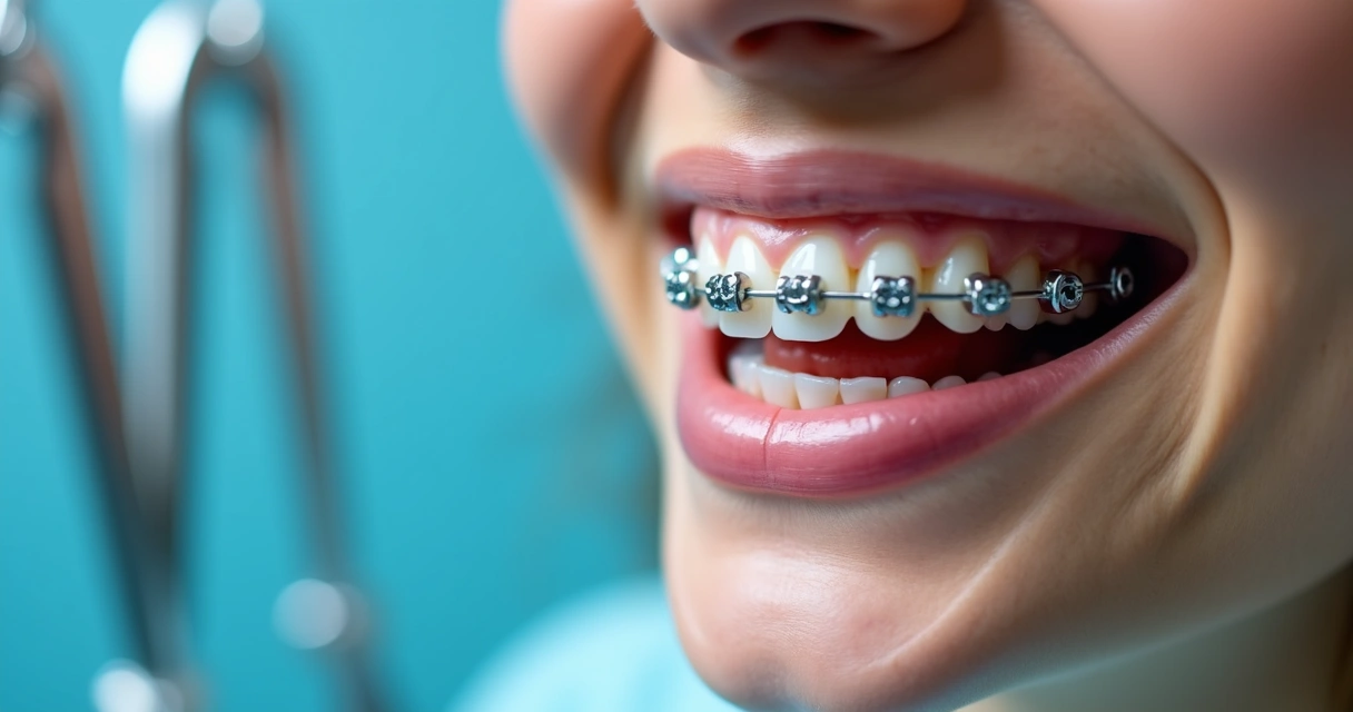 Close-up de aparelho fixo metálico em dentes com fundo azul claro 