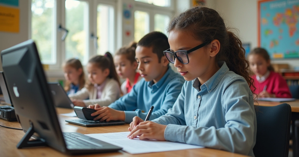 Aluno utilizando leitor de tela adaptado em sala de aula inclusiva 