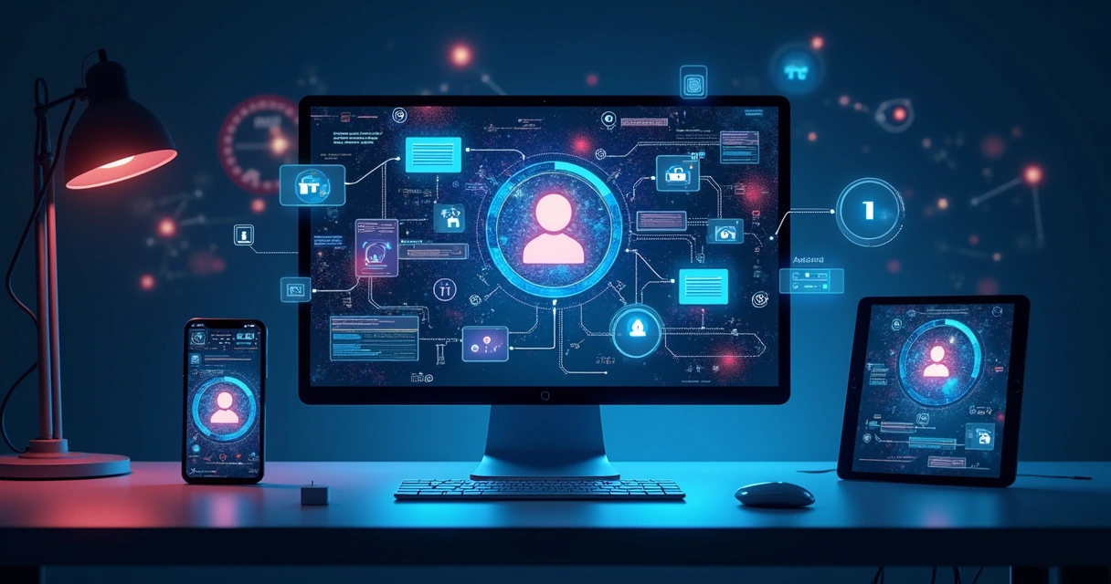 Ilustração de chatbots, assistentes virtuais e ícones de IA conectados a dispositivos digitais 