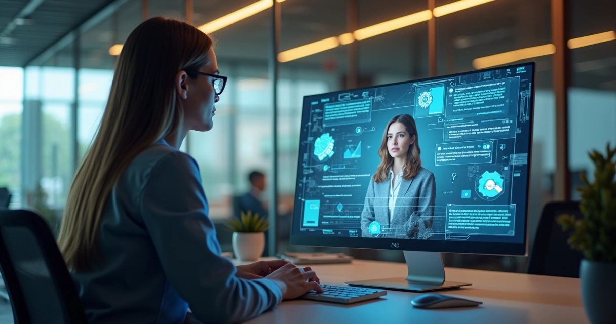 Pessoa usando um assistente virtual no computador em um ambiente de trabalho moderno. 