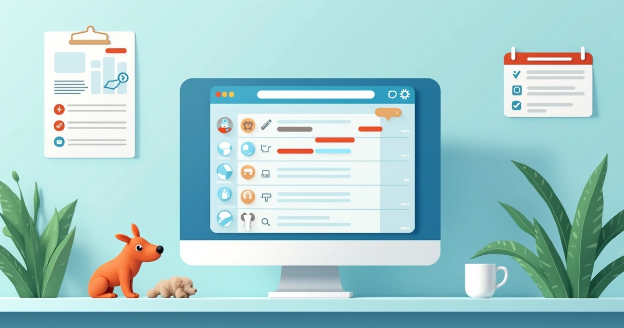 Computador com agenda digital e mensagens na tela em consultório veterinário 