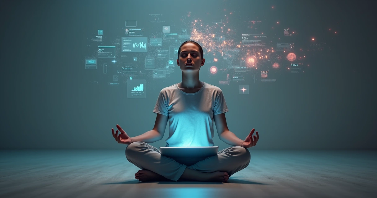 Pessoa meditando com tablet projetando dados ao redor da cabeça 