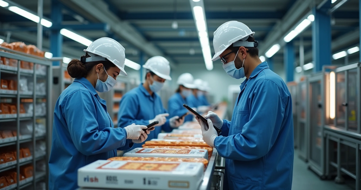 Equipe usando tecnologia digital em inspeção de fábrica 