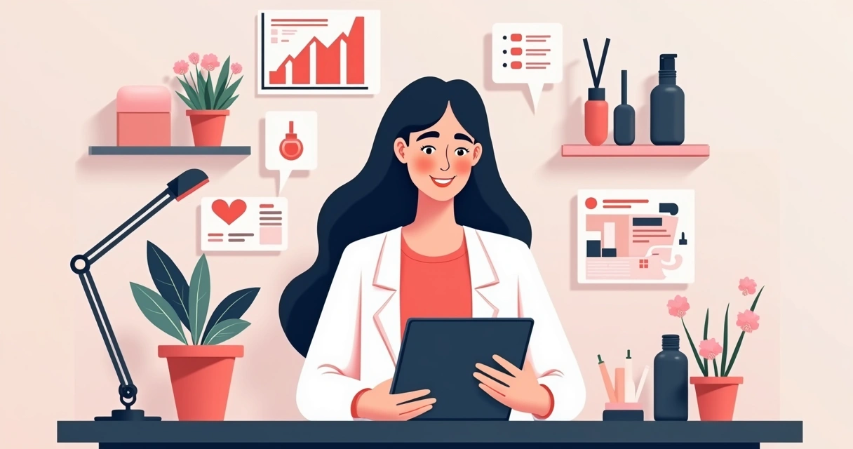 Profissional de beleza usando tablet com app de gestão, ícones tecnológicos e gráficos digitais ao redor 