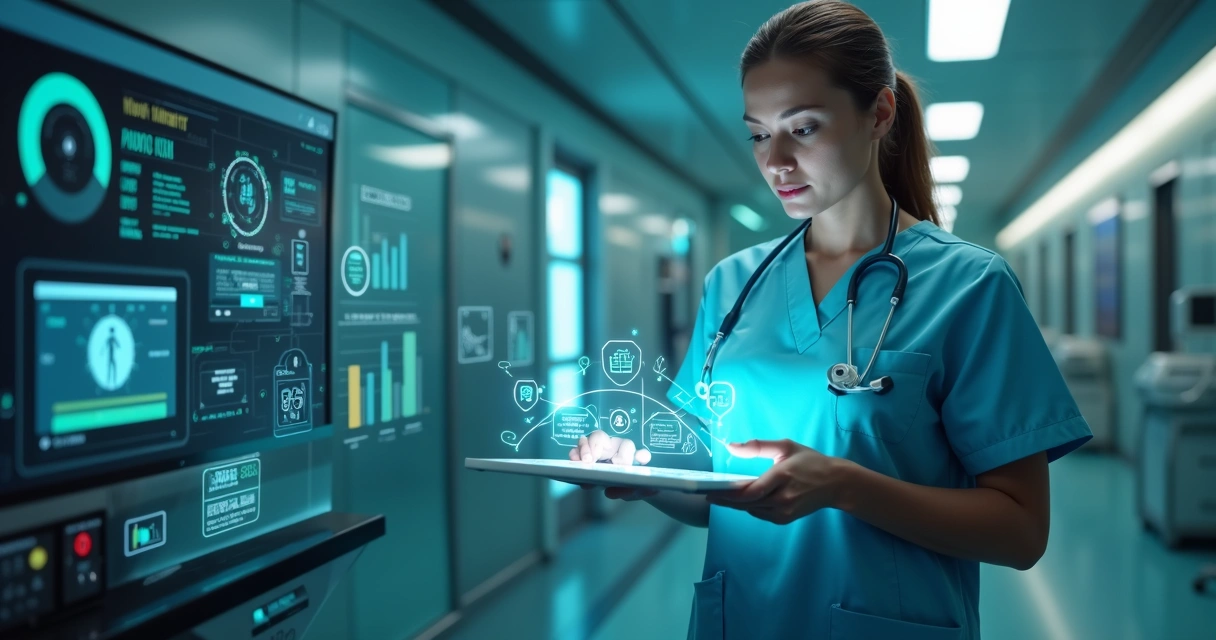 Profissional de saúde utilizando tablet com interfaces digitais e gráficos relacionados à automação em ambiente hospitalar moderno 