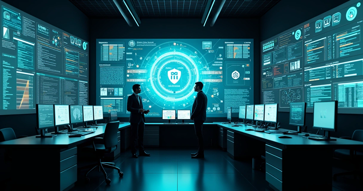 Sala moderna com telas digitais exibindo fluxos de automação em TI