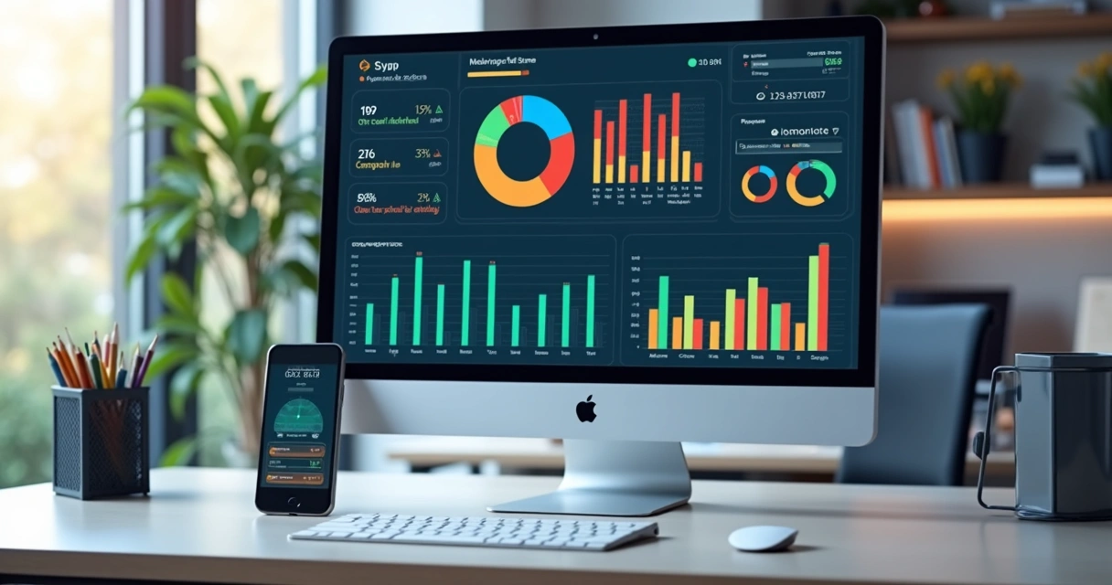 Tela de computador exibindo software contábil moderno com gráfico de entregas fiscais 