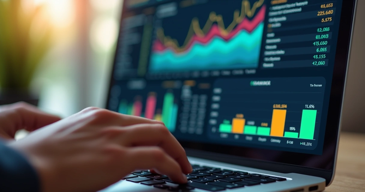 Computador mostrando dashboard fiscal digital com gráficos coloridos 