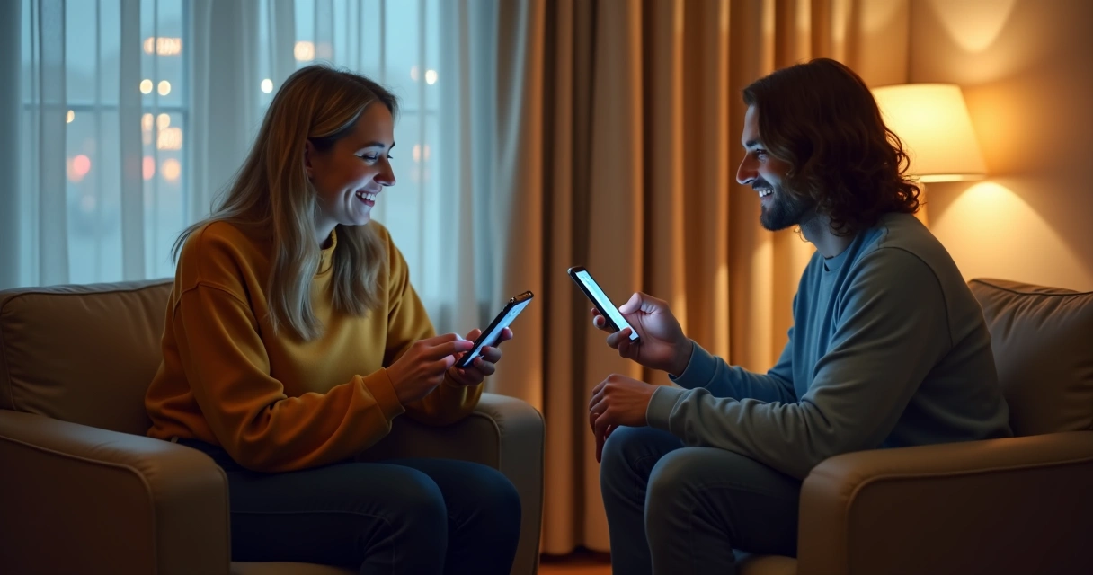 Casal sorrindo conversando por aplicativo de mensagens em smartphones, sentados em poltronas separadas com luz ambiente suave 