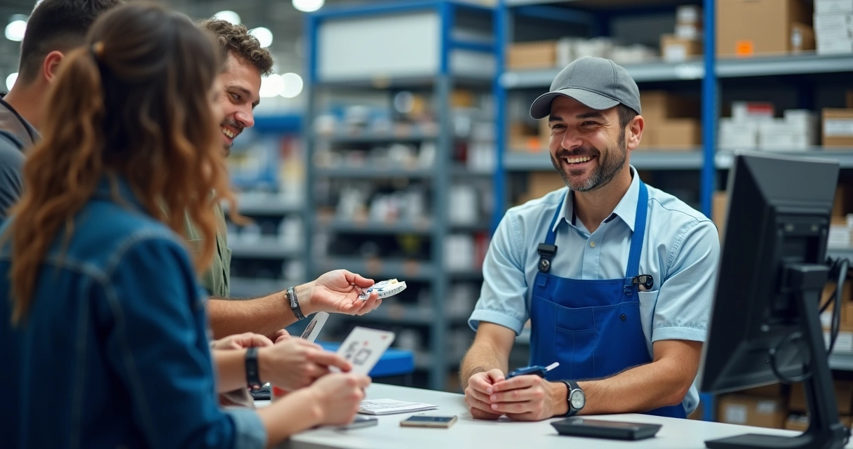 Atendente de autopeças usando terminal de PDV integrado 