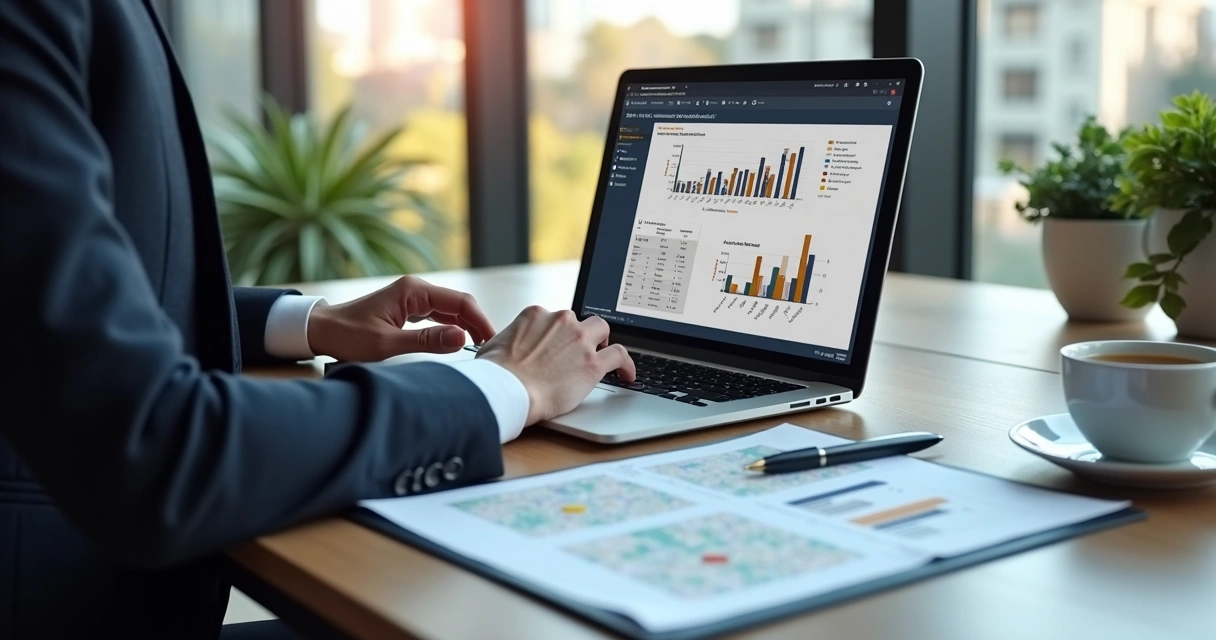 Pessoa usando computador para avaliar imóvel online. 