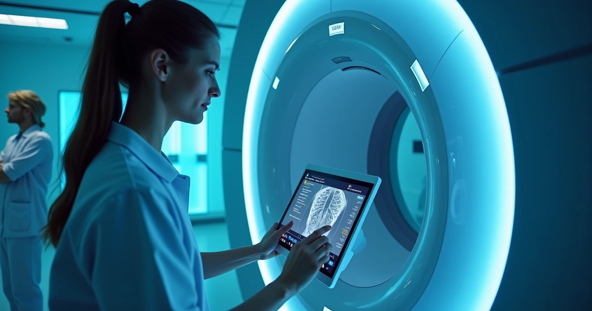 Equipamento moderno de medicina nuclear mostrando interface tecnológica de última geração