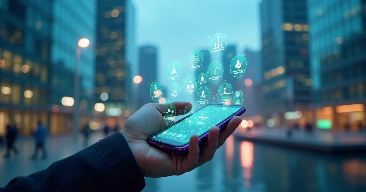 Interface bancária futurista em smartphone com ícones de tecnologia e cidade ao fundo 