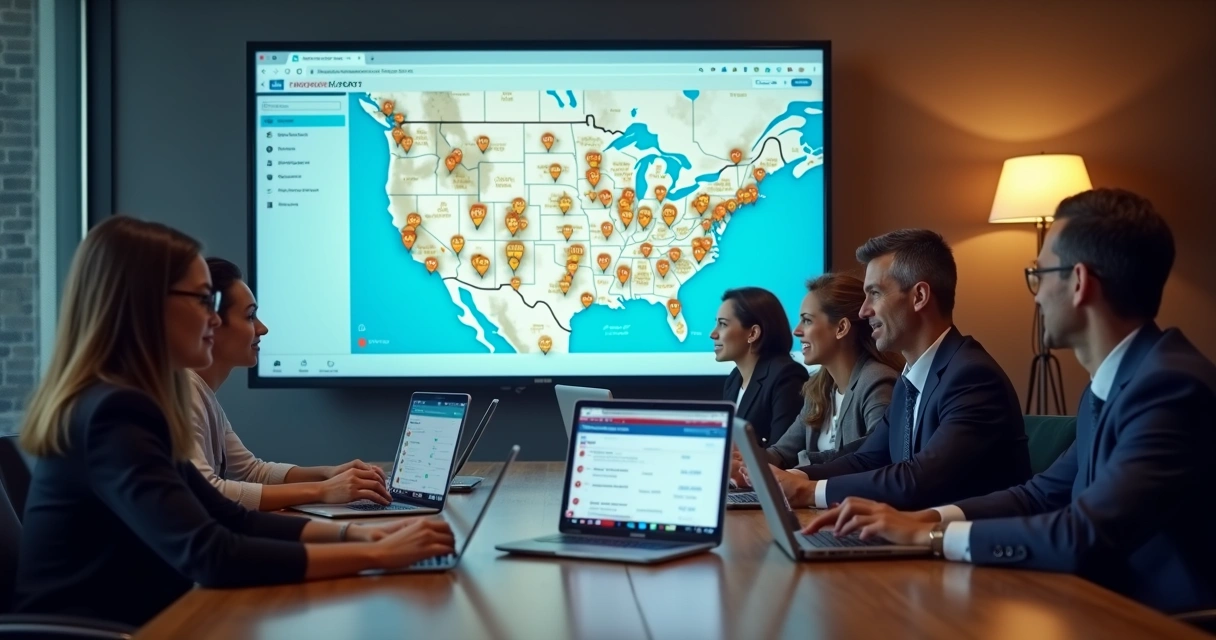 Equipe em reuniões usando notebook e app de gestão eleitoral na tela 