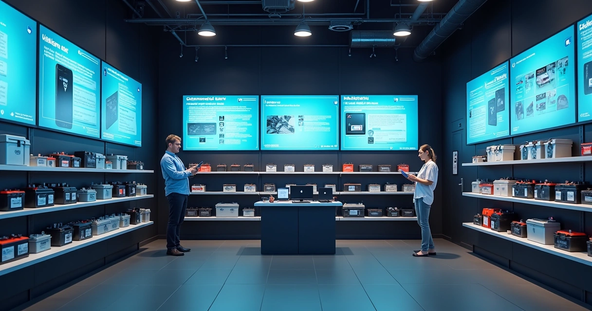 Interior de loja de baterias automotivas com telas digitais mostrando informações sobre produtos 