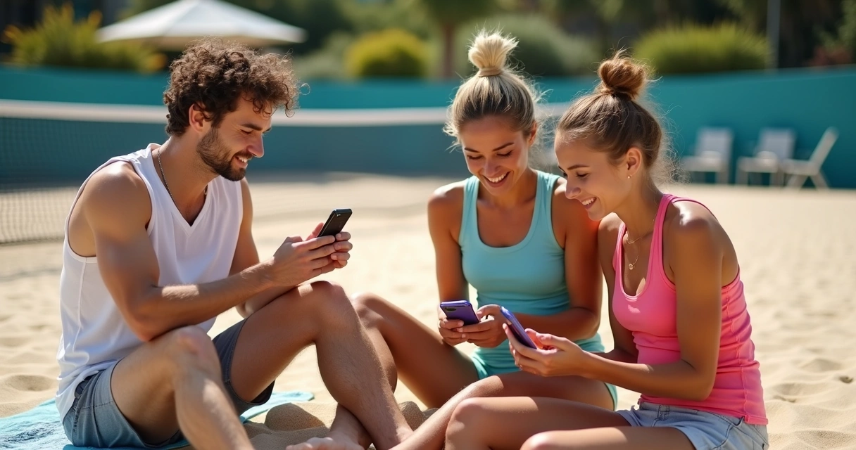 Jogadores usando aplicativo de beach tennis no celular durante um torneio 
