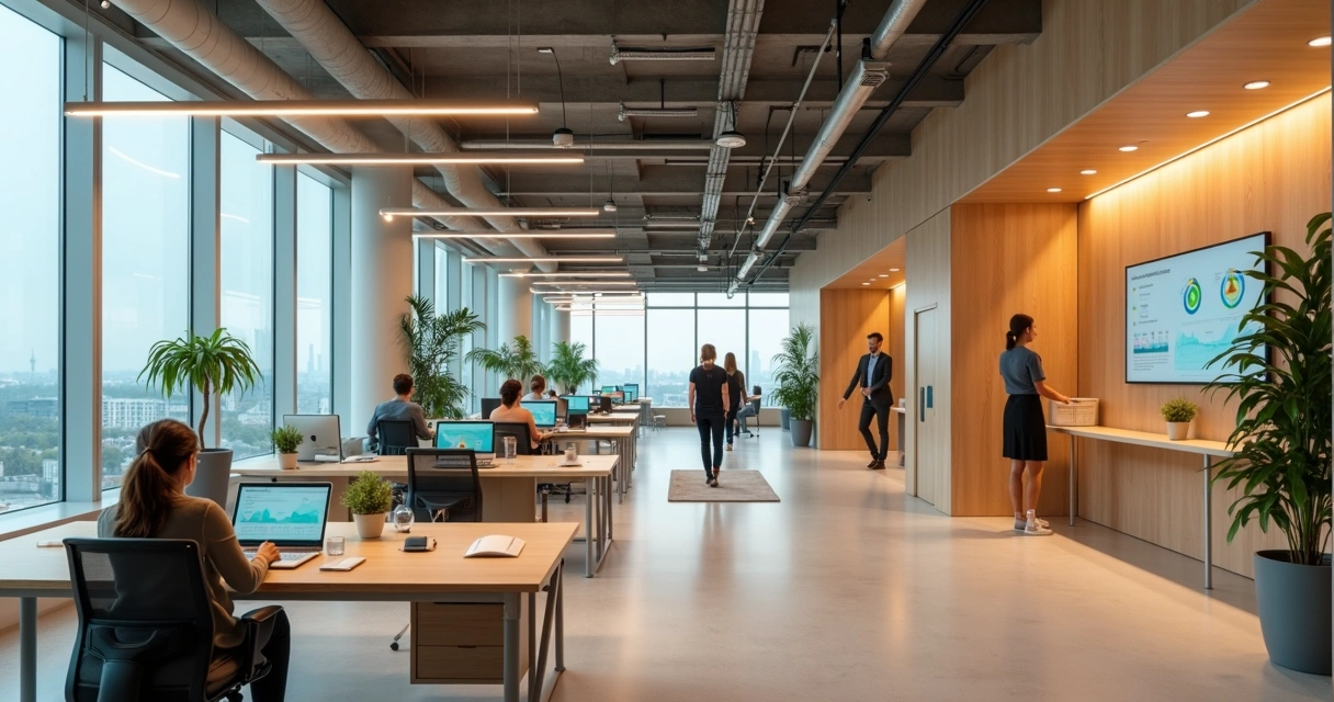 Vista aérea de andar corporativo com zonas de bem-estar guiadas por tecnologia 