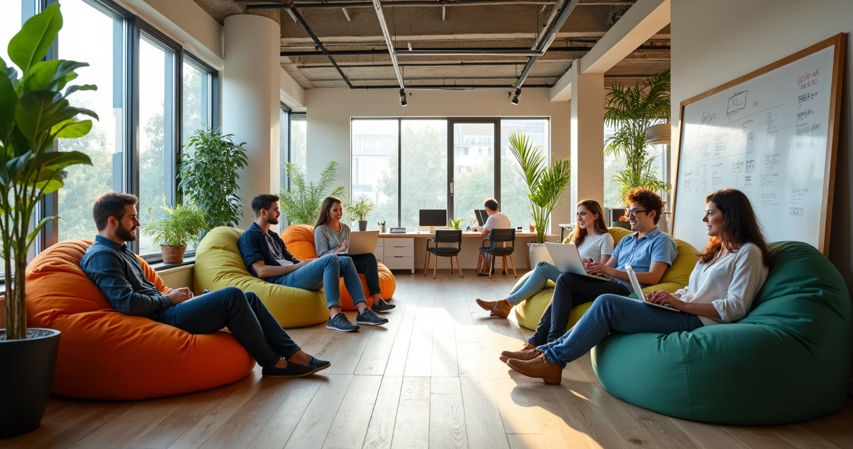 Espaço de relaxamento em ambiente de TI com pufes e notebooks 