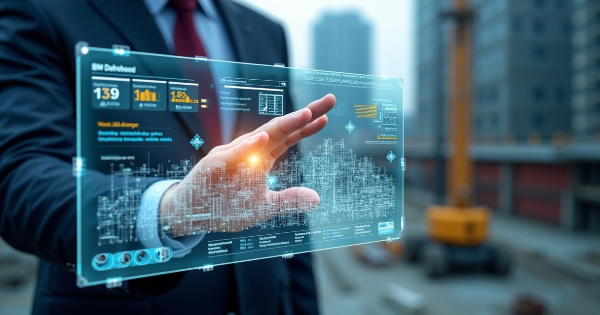 Interface digital de BIM com IA destacando dados de obra 