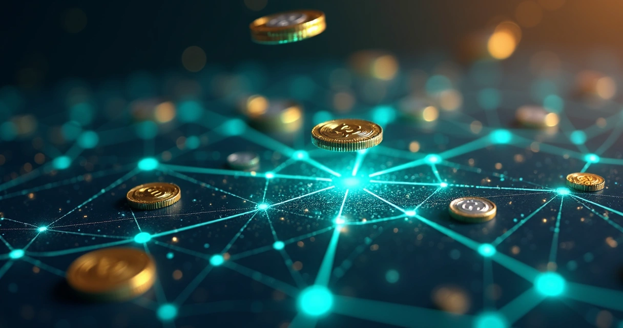 Representação digital de blockchain com moedas de criptomoedas flutuando em rede descentralizada