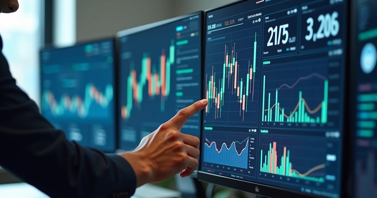 Computador com telas mostrando gráficos financeiros modernos