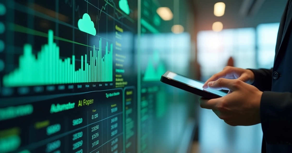 Painel digital mostrando automação financeira no escritório 