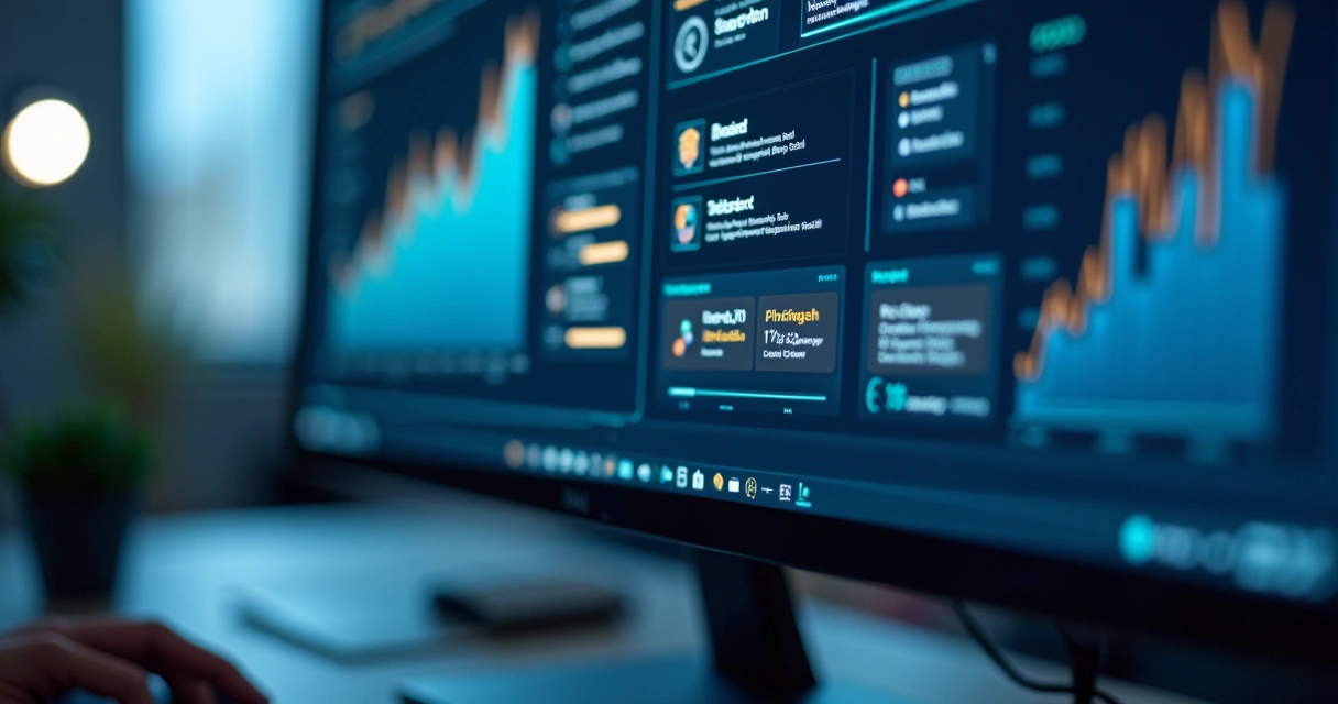 Tela de computador com painel fiscal moderno e código de IA ao fundo 