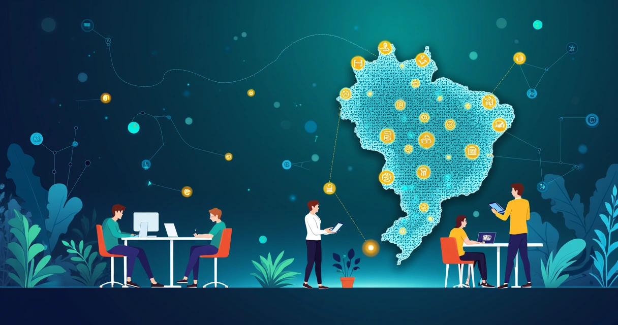 Ilustração corporativa mostrando inovação tecnológica no Brasil com mapas, gráficos e pessoas colaborando 