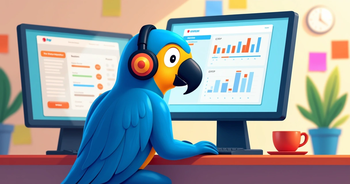 Mascote arara azul com aplicativos no-code e ERP