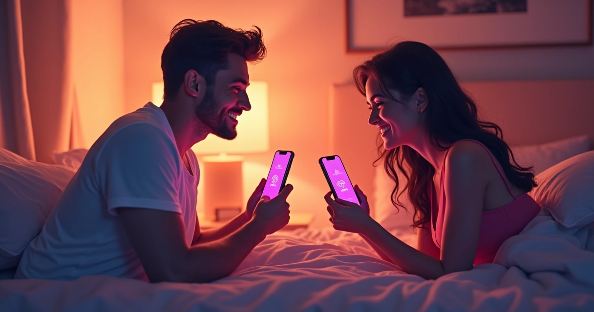 Casal sorrindo, cada um segurando um brinquedo sexual conectado por app via smartphone, sentados em ambientes diferentes