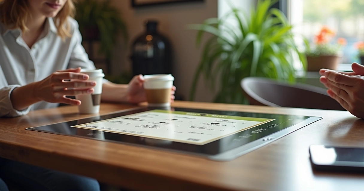 Mesa de café interativa com tablet, QR code e cardápio personalizado 