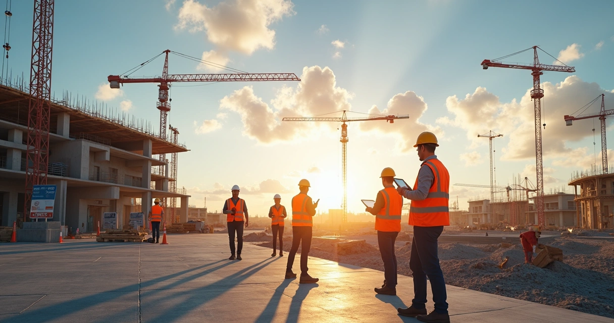 Canteiro de obras moderno com diferentes tecnologias digitais funcionando 