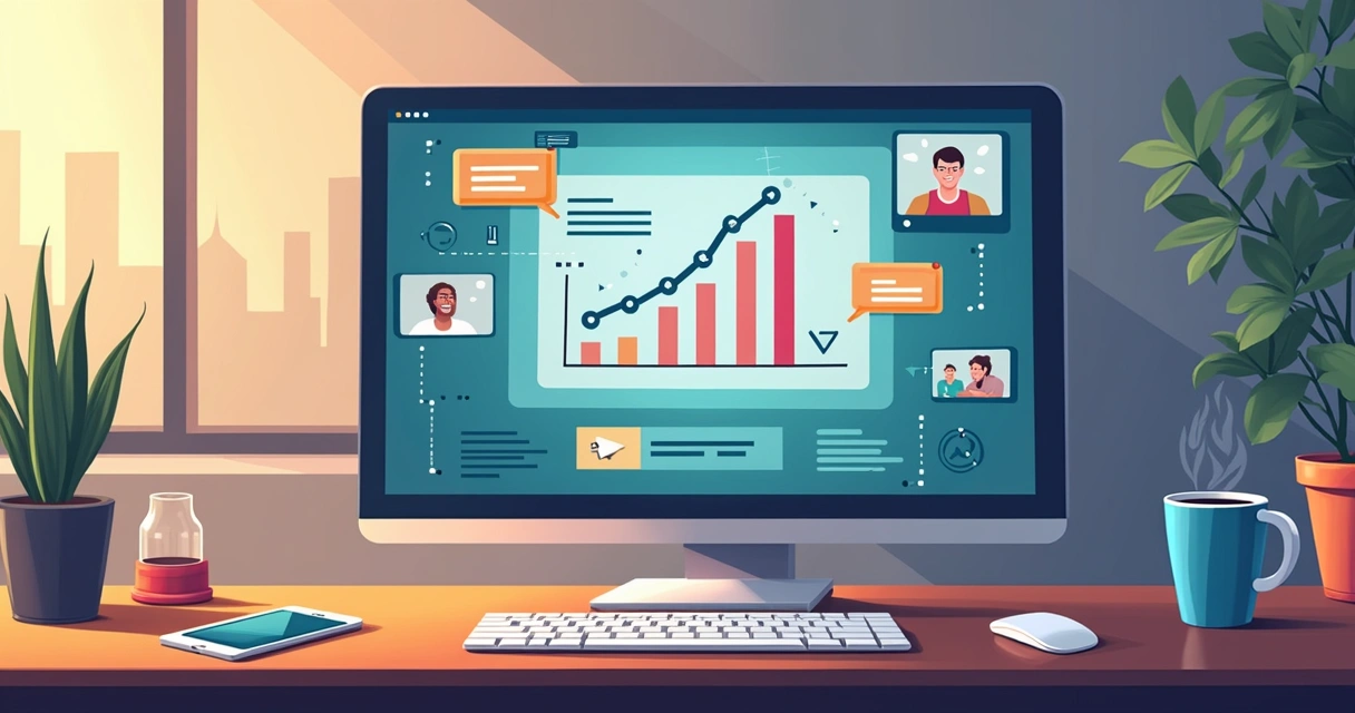 Mesa com computador exibindo videoconferência de evento digital de arrecadação 