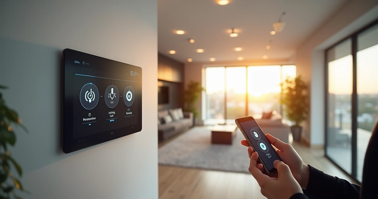 Painel de controle digital em uma casa moderna e iluminada 