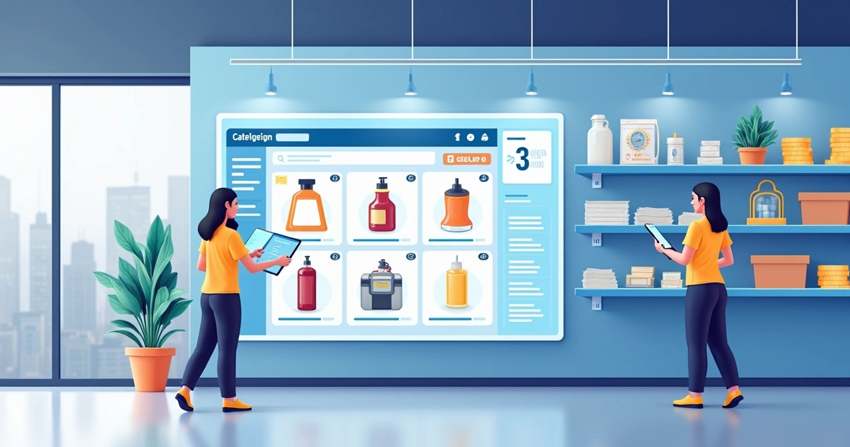 Painel digital com IA organizando catálogo de produtos 