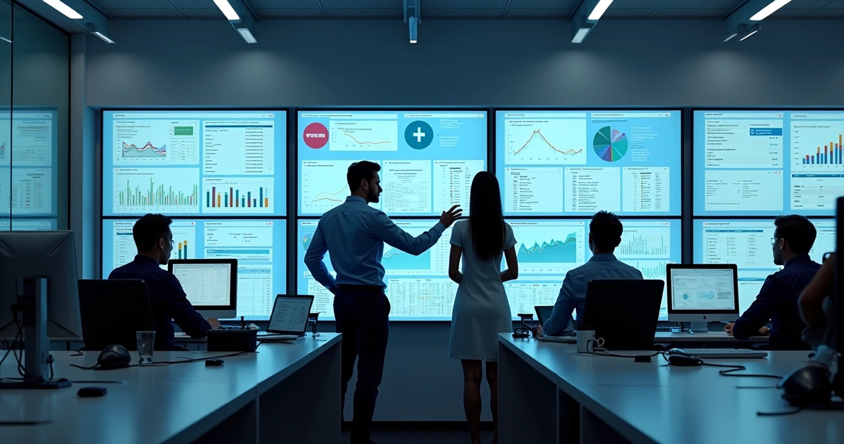 Equipe de TI reunida em frente a telas mostrando dashboards e chamados TI 