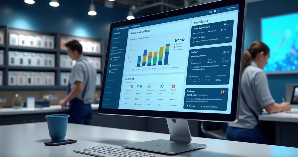 Tela de computador mostrando painel centralizado de gestão de loja de celular, com vendas, estoque, equipe e ordens de serviço conectadas. 