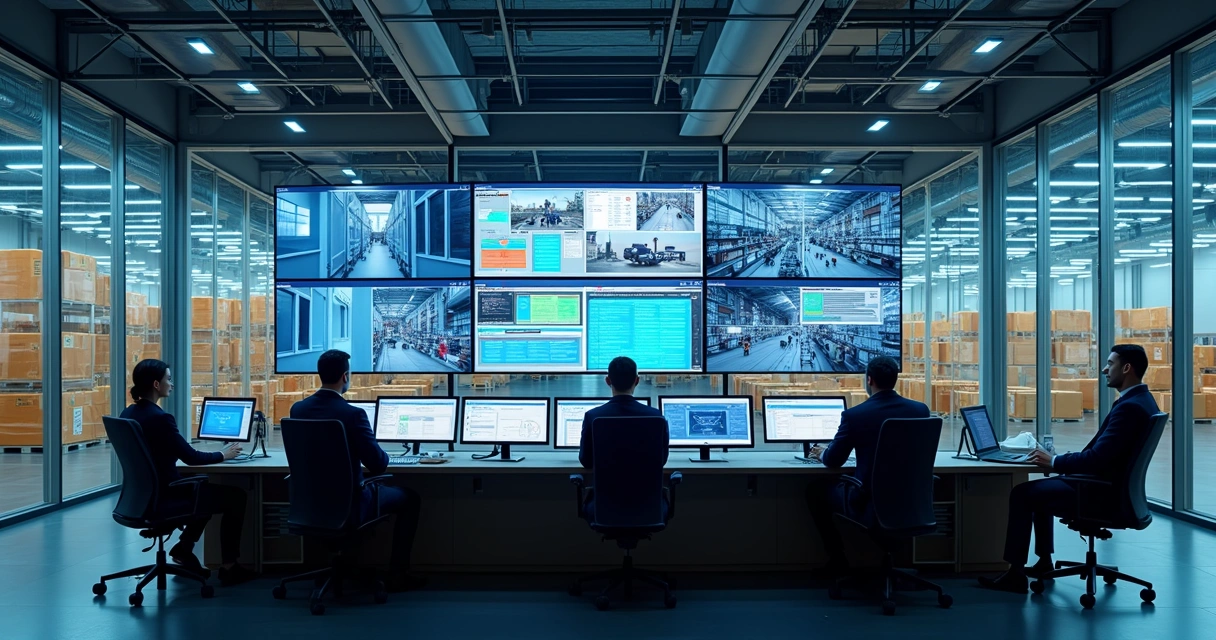 Painel de controle logístico com câmeras e softwares ativos 