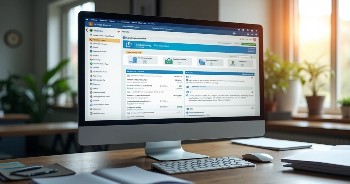 Tela de computador exibindo software de gestão condominial. 